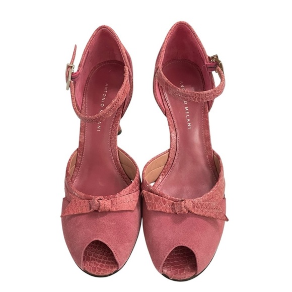 ANTONIO MELANI Dusty Rose
Suede Leather Faux Snake
Trim Peep Toe Heels Size 9M - Picture 5 of 13